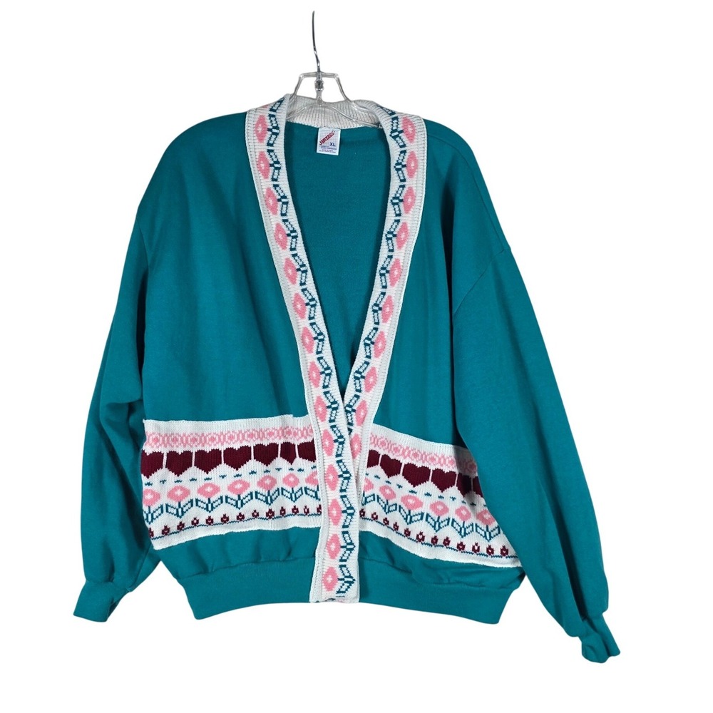 Jerzees Cardigan Sweatshirt Teal Heart Floral Knit Trim VTG 90s XL Retro, Granny